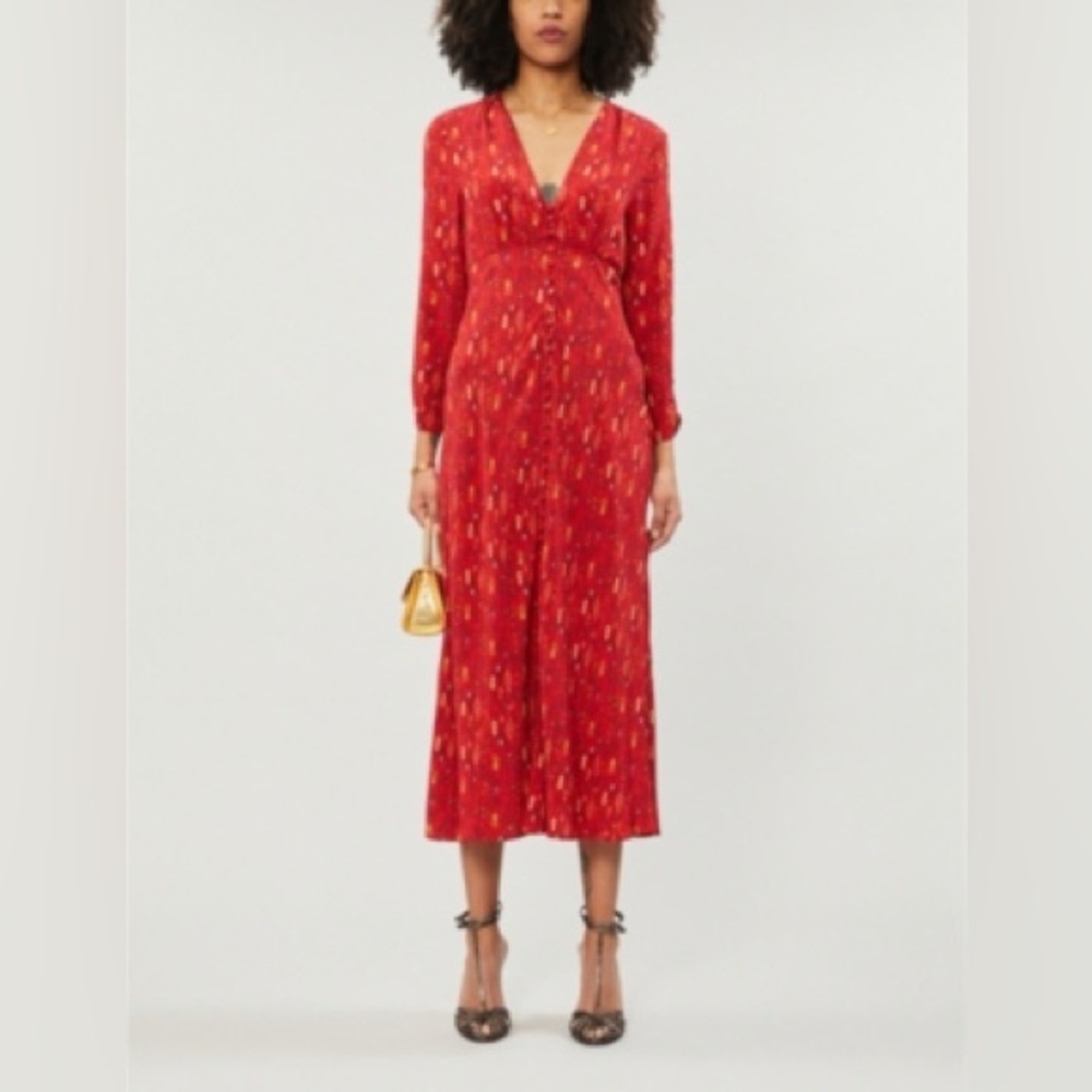 RIXO London Red Boho Retro Print Button Front Midi Dress Size M